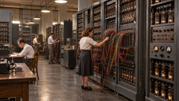 Recreación histórica de una sala de computación de los años cuarenta con paneles de válvulas y cableado.