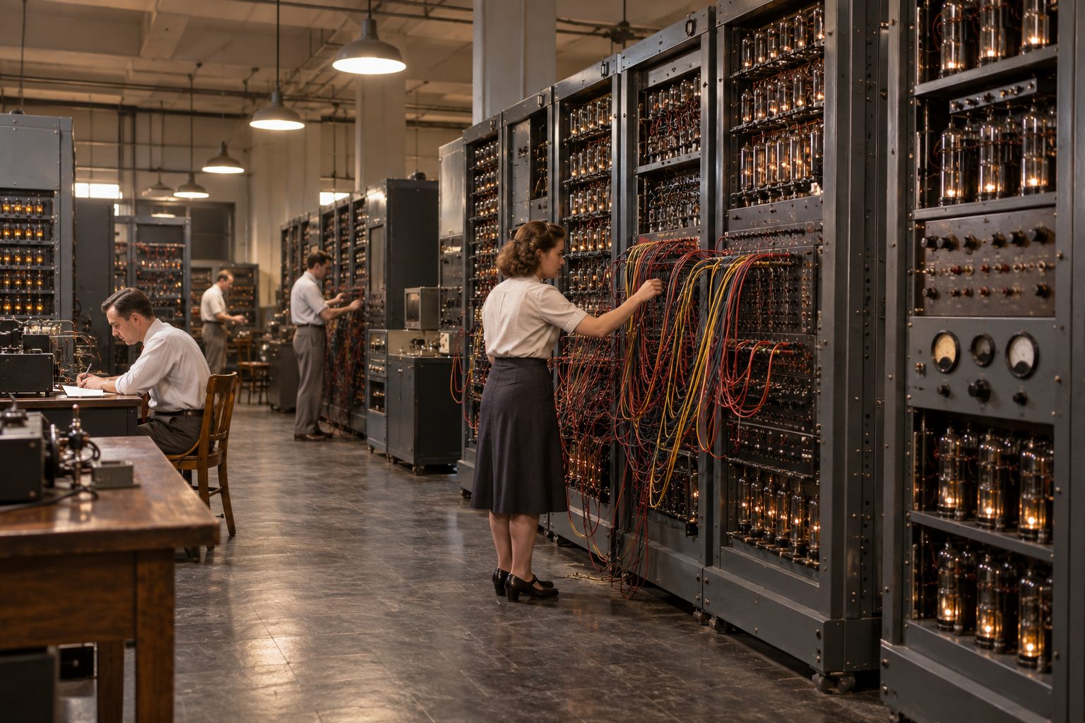 Recreación histórica de una sala de computación de los años cuarenta con paneles de válvulas y cableado.