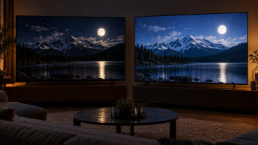 Dos televisores muestran un paisaje nocturno con montañas y luna en una sala con poca luz.