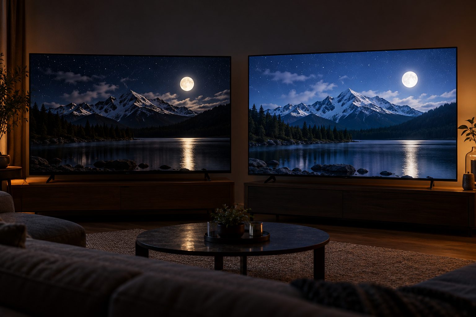 Dos televisores muestran un paisaje nocturno con montañas y luna en una sala con poca luz.