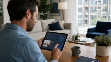 Propietario consulta herramientas digitales de gestión del alquiler en una tableta dentro de una vivienda