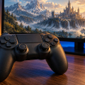Un mando de videojuegos sin marcas sobre un escritorio frente a un paisaje fantástico en una pantalla.