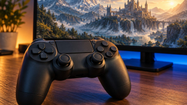 Un mando de videojuegos sin marcas sobre un escritorio frente a un paisaje fantástico en una pantalla.