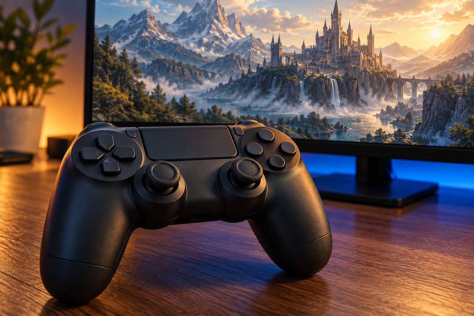 Un mando de videojuegos sin marcas sobre un escritorio frente a un paisaje fantástico en una pantalla.